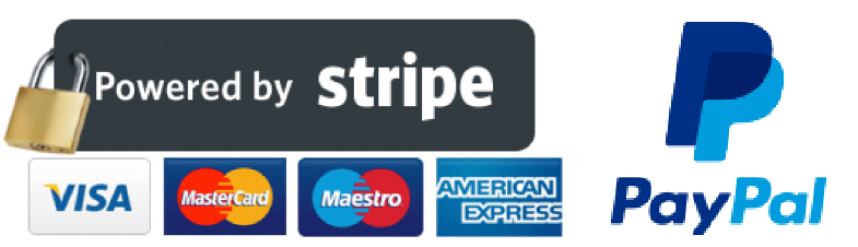Payment logos for Stripe and PayPal, with Visa, Mastercard, Maestro, and American Express cards.