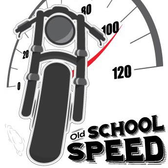 A motorcycle is riding past a speedometer that says old school speed.