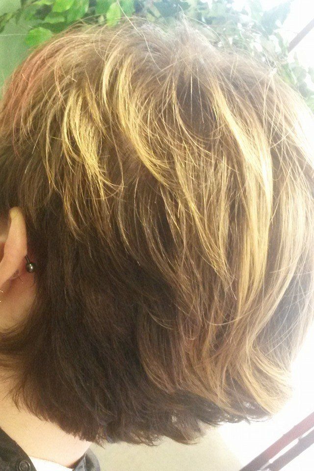 A close up of a person's hair with a plant in the background.