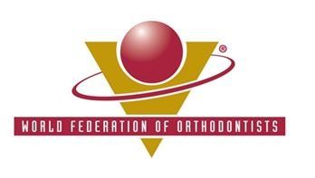 Logo of the World Federation of Orthodontists: gold triangle, red orb, and text, 