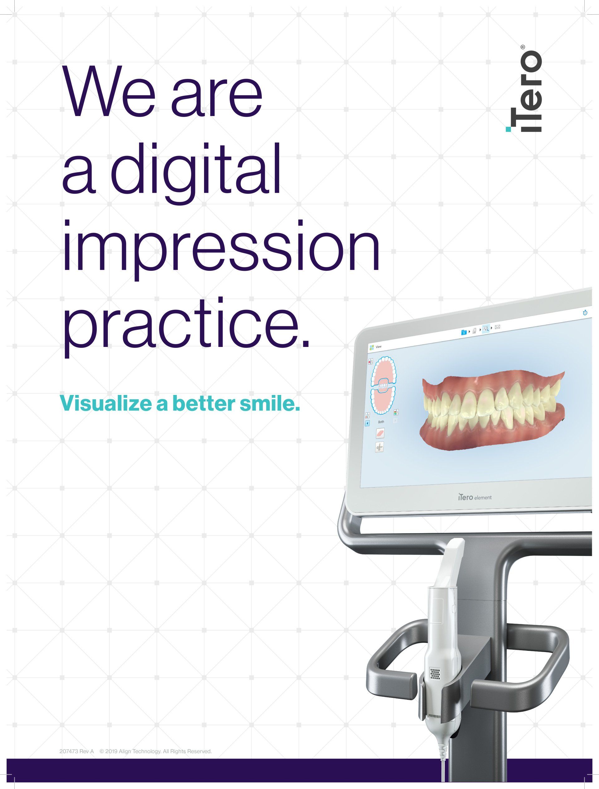 Digital impression machine displaying a dental scan, promoting digital dental practice.