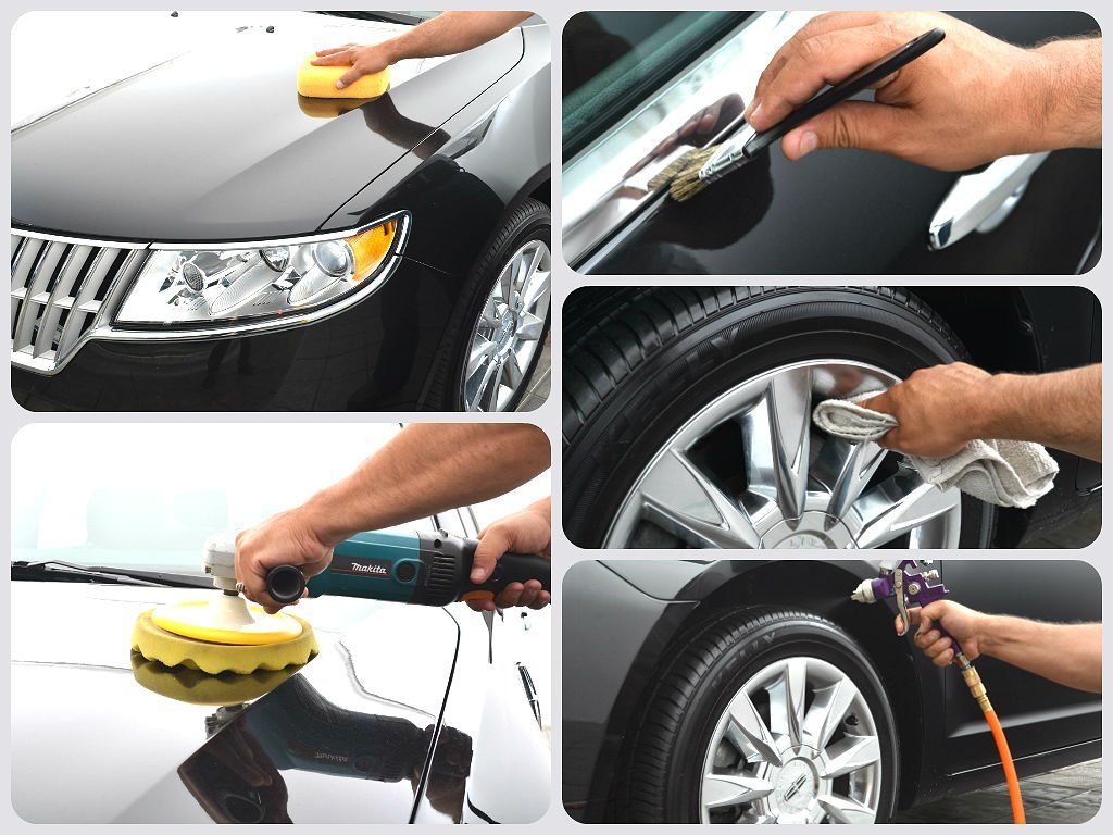 A collage of four pictures of a car being cleaned
