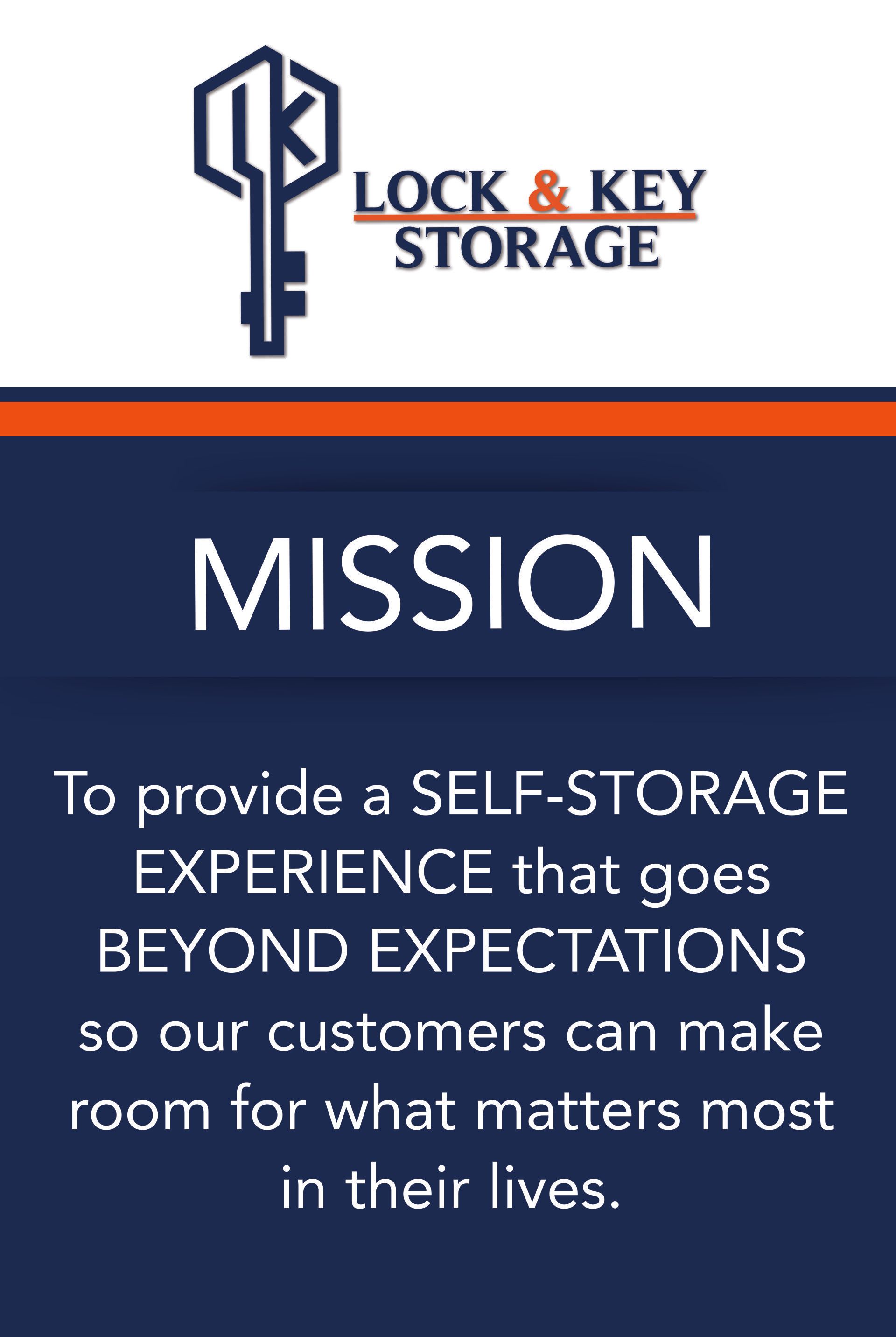 Lock & Key Storage mission statement. Blue background with white text, orange and white logo.