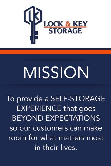 Lock & Key Storage mission statement. Blue background with white text, orange and white logo.