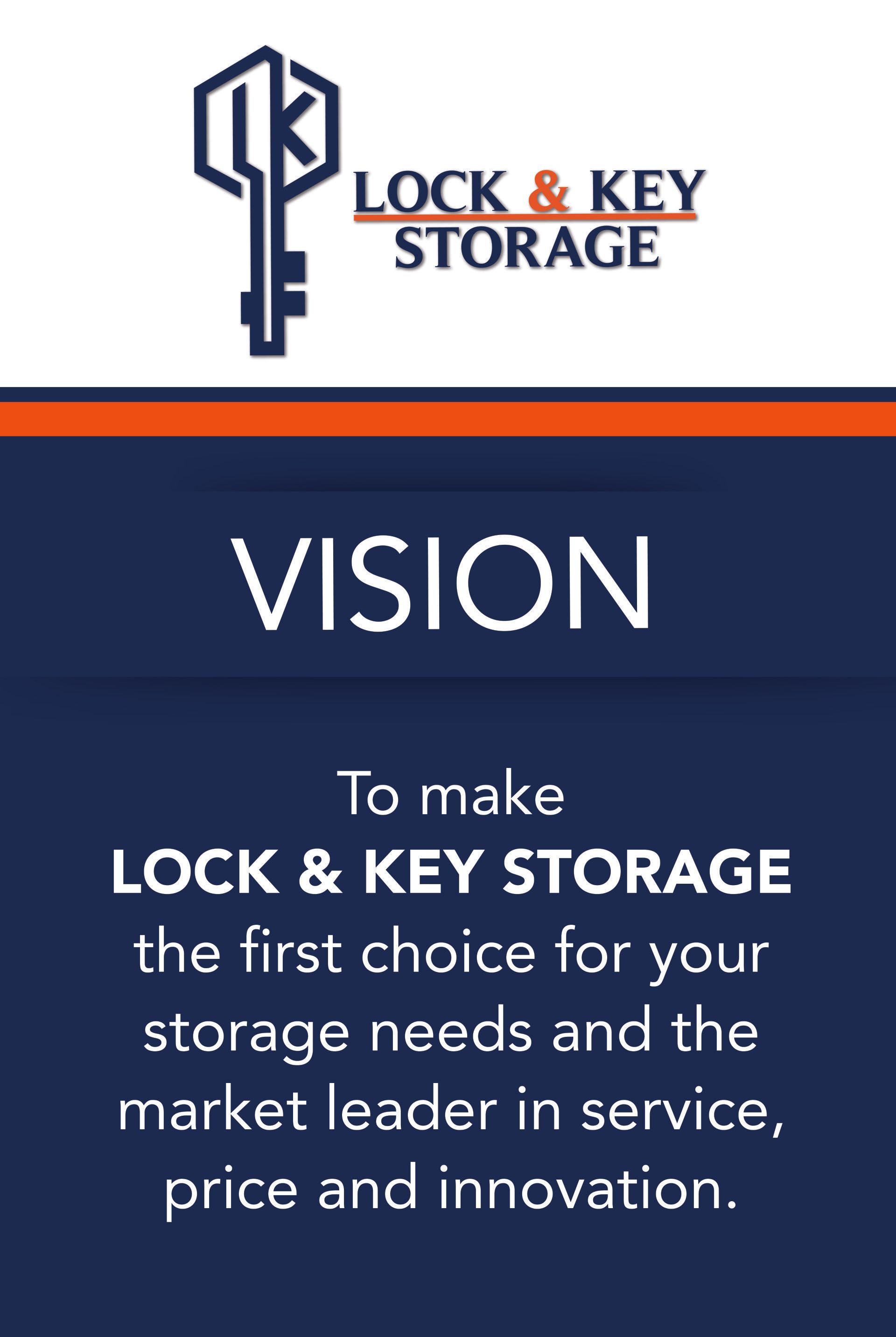 Logo and vision statement for Lock & Key Storage. White text on dark blue background.