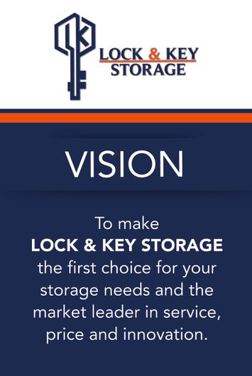 Logo and vision statement for Lock & Key Storage. White text on dark blue background.