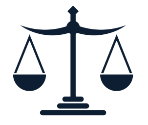 Scales of justice, dark blue, balanced.