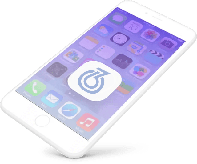 Een witte mobiele telefoon met een paars scherm en een wit pictogram met de letter q erop