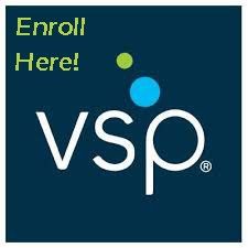 A logo for vsp that says `` enroll here ! ''