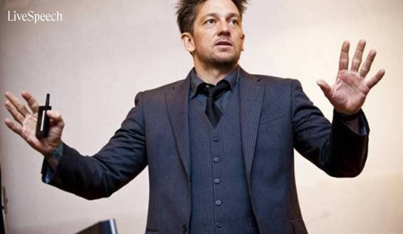 Man in suit gesture with hands open