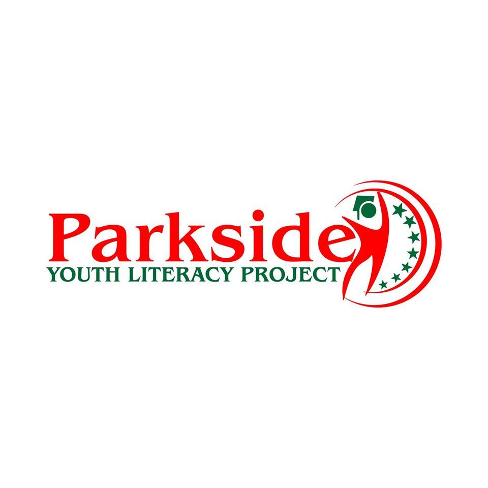 Parkside Youth Literacy Project logo. Red text with green accents. Silhouette figure with graduation cap