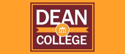 The logo for dean college is on a yellow background.