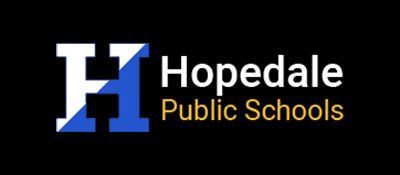 The hopedale public schools logo is blue and white on a black background.