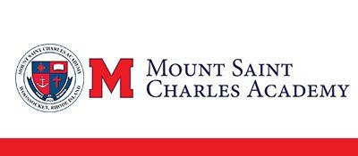 The logo for mount saint charles academy has a crest on it.