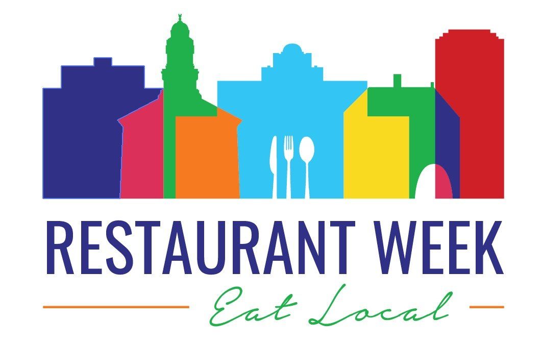 A colorful logo for restaurant week that says eat local