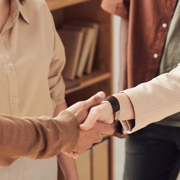 Two people shaking hands in front of a bookshelf