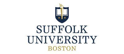 The logo for suffolk university boston is a shield with a torch on it.