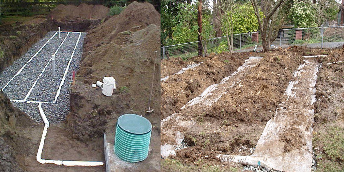 A side-by-side view of a septic drain field installation, showing gravel-filled trenches with pipes before and after burial.