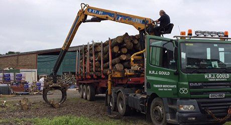 Company vehicle carrying wooden logs