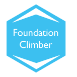 A blue hexagon with the words `` foundation climber '' written on it.