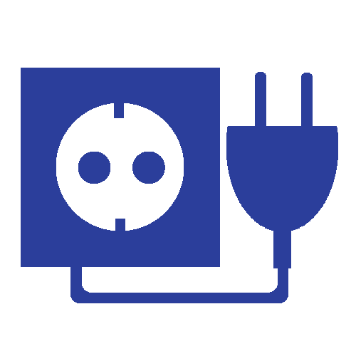 Blue electrical plug icon with a white wall outlet inside a square and a cord to a two-prong plug