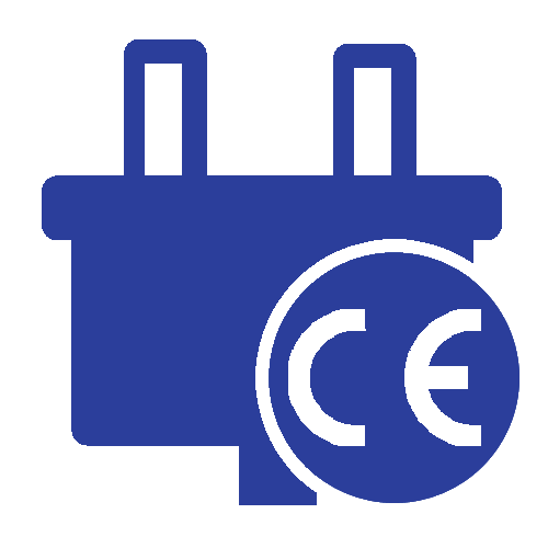 Blue EU electrical plug icon with CE mark badge