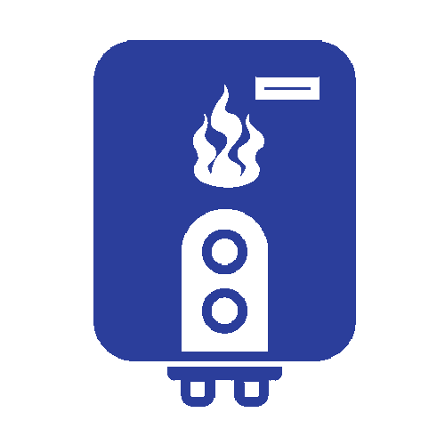 Blue water heater icon with steam and two control buttons underneath
