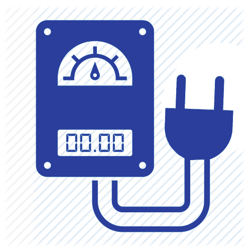 Blue electric meter with digital display and plug icon on white background