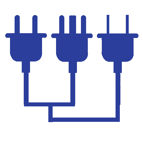 Blue electrical power cords with three plug ends connected together