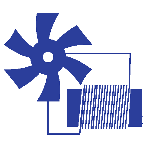 Blue wind turbine icon next to a stylized power generator or motor coil diagram