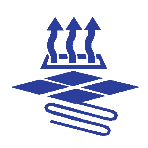 Blue abstract logo with three upward arrows above layered diamond shapes and three curved lines below
