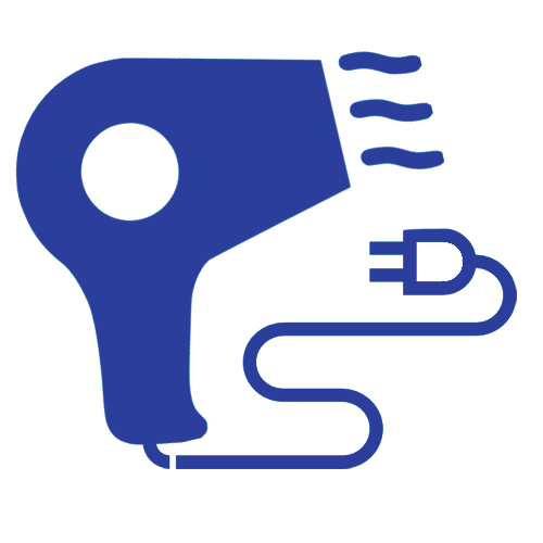 Blue hair dryer icon with a cord and plug.