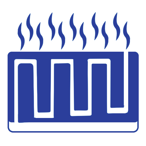 Blue hot water towel rail radiator with steam rising above it