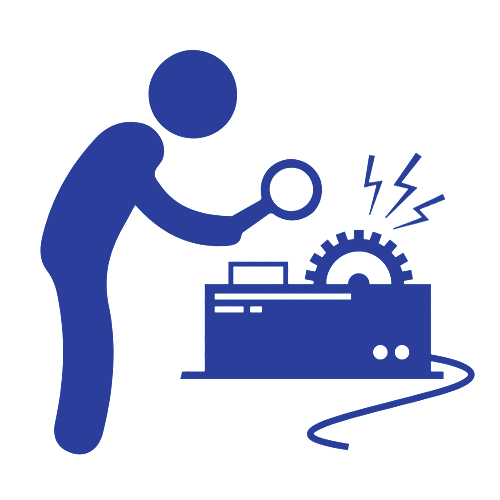 Blue silhouette inspecting a malfunctioning machine with sparks and a wrench icon