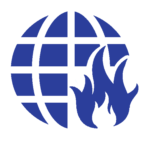 Blue globe with white grid and a flame icon overlay
