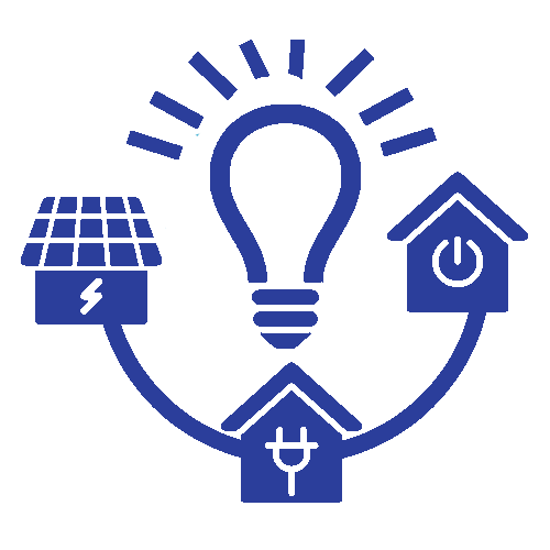 Blue renewable energy icon with solar panel, light bulb, home, and power symbols in a circular design