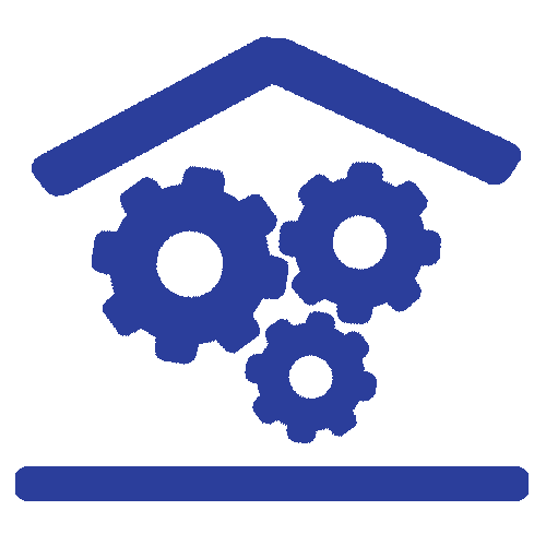 Blue house roof with three gears inside and a horizontal line below, suggesting home repair or automation