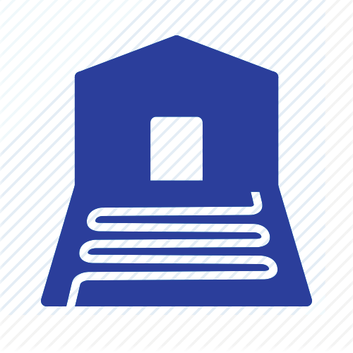 Blue building icon with a white window and white layered steps or lines at the base