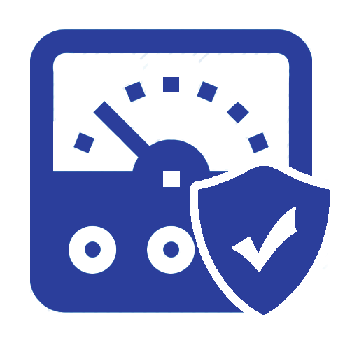 Blue dashboard icon with speedometer, shield, and checkmark, suggesting security or protection status