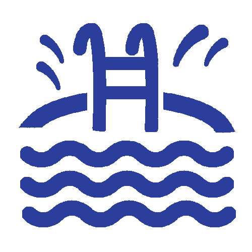 Blue icon of a person swimming in wavy water, with splash marks above