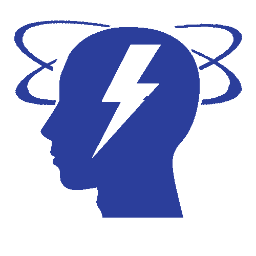 Blue head silhouette with lightning bolt and orbit lines, representing a creative or electric idea