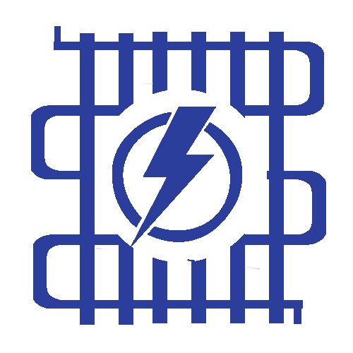 Blue circuit-board icon with a lightning bolt in a circle at the center
