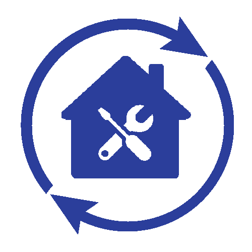 Blue house with wrench and screwdriver inside circular recycling arrows icon.