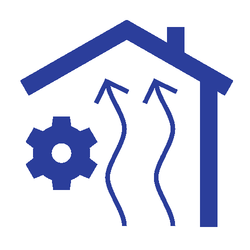 Blue house with rising airflow arrows and a gear icon, suggesting home ventilation or energy efficiency.