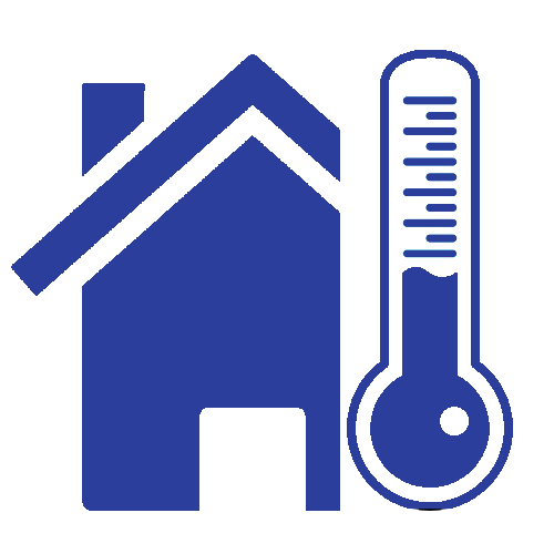 Blue house icon with a thermometer, suggesting temperature or heating control