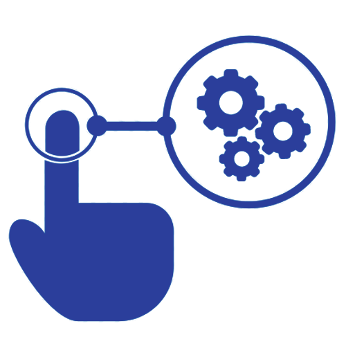 Blue tapping hand icon linked to gears inside a circle, suggesting settings or automation