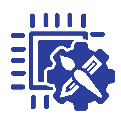 Blue icon of a chip with a gear, wrench, and pencil, suggesting software settings or editing.