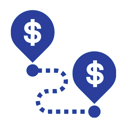 Deux ballons bleus portant un signe dollar sont reliés par une ligne.