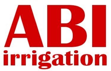 A red and white logo for abi irrigation