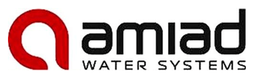 A red and black logo for amiad water systems